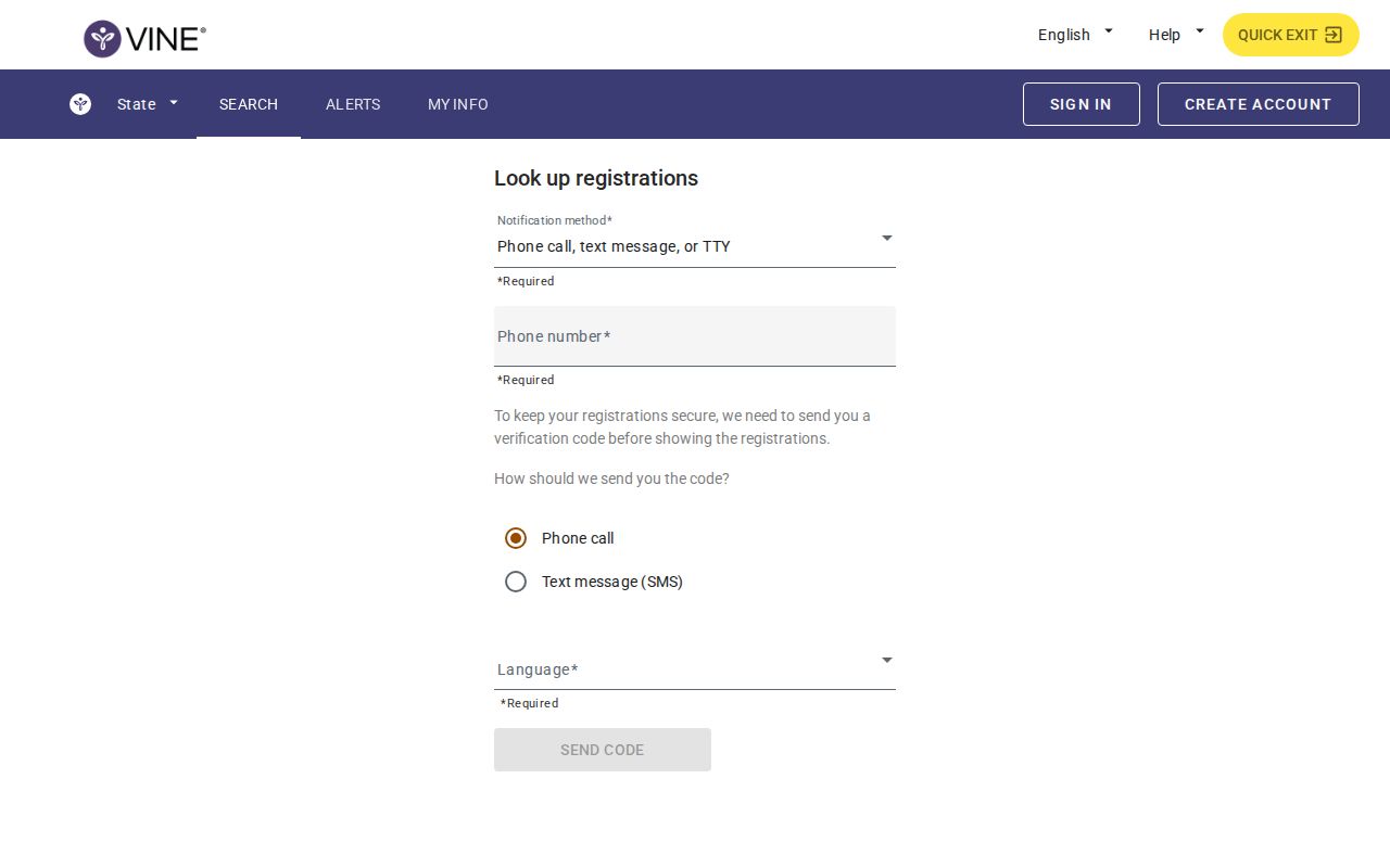 VINELink custody alert registration interface