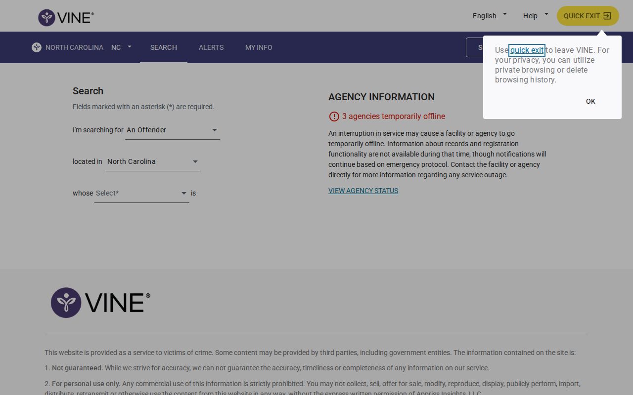 VINELink North Carolina person custody search interface