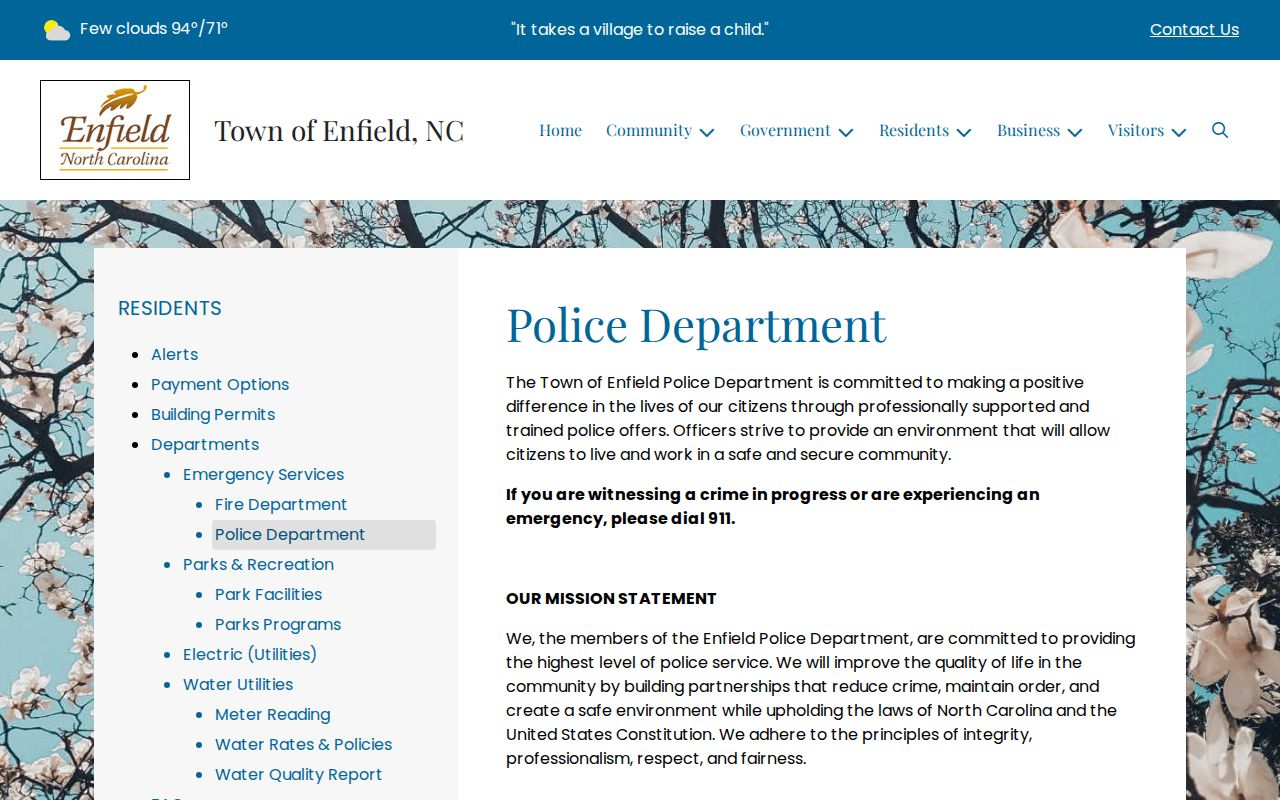 Official Enfield North Carolina Police Department webpage with department contact details