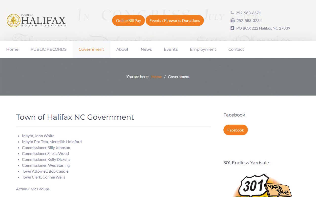 Historic Halifax government page showing Town Hall contact information